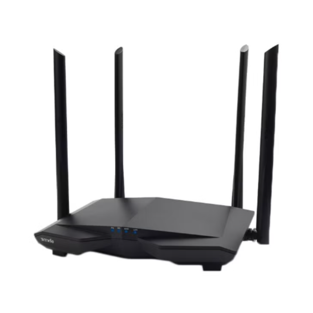 Black router with multiple antennas on a white background